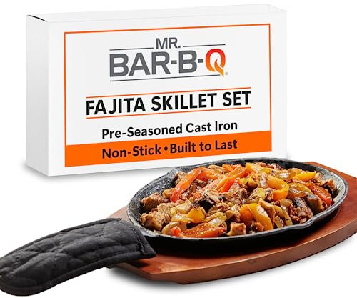 Mr Bar B Q Premium Cast Iron Fajita Skillets Set, Pre-Seasoned, Non Stick Sizzling Plate, Wooden Base, Cloth Handle, Sizzler Steak Plate, Ideal for Different Food Cooking, Indoor & Outdoor Use