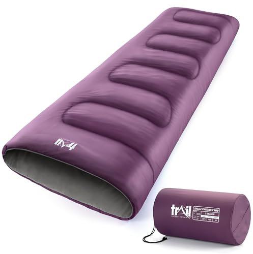 Trail Envelope Sleeping Bag For Adults, Single 2 Season Summer Spring Autumn 200gsm, Outdoor Camping, Lightweight Carry Bag, Storage Pockets, 190cm x 75cm
