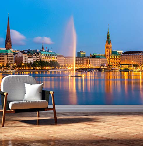 Vlies Tapete XXL Poster Fototapete Hamburg Alster Nacht Farbe color, Größe 140 x 100 cm