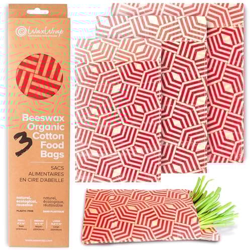 WaxWrap - Waxed Cotton Food Bags Set of 3 - Small 21x31cm, Medium 25x31cm, Large 32x31cm - Sustainable, Reusable, Eco-Friendly, Plastic-Free, 201g