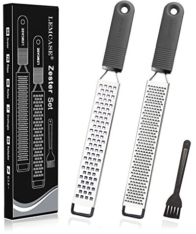 LEMCASE Lemon Zester and Cheese Grater - Citrus, Parmesan, Chocolate, Nutmeg, Garlic, Ginger - Silicone Handle and Stainless Steel Blades with Protective Cover | Grey (2 Piece Set)