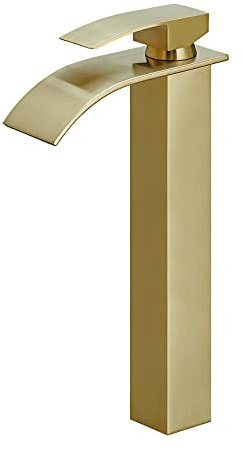BESy Robinet de salle de bain à bec cascade doré brossé, robinet d'évier de salle de bain à poignée unique, robinet mitigeur de lavabo, laiton massif/or brossé