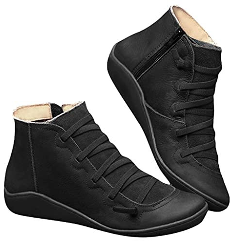Binggong Damen Knöchelschuhe Rund Toe Flache Leder Stiefeletten Schnürung Reißverschluss Wasserdichte Schuhe rutschfeste Damenstiefel Winterstiefel Comfort Knöchel Schuhe Worker Boots