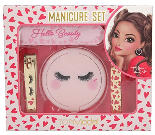 Depesche 11870 TOPModel Beauty Girl - Maniküre Set verpackt in einer Box mit Herzchen-Muster und Schlafaugen, Nagel-Set mit Spiegel, Nagelfeile, Nagelknipser und Pinzette