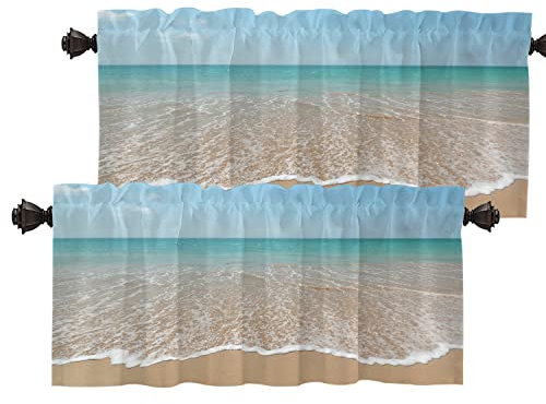 Batmerry Wave Sea Sand Beach Valance Curtains,Mint Green Waves Summer Ocean Window Treatment Kitchen Valances Multilayer Polyester Blackout for Living Room/Bathroom, 2 Pack 52x18 inches