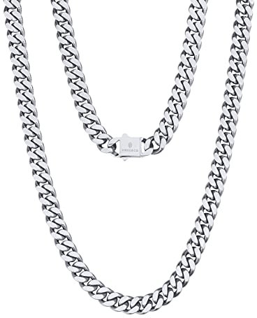 KRKC&CO 8mm Panzerkette, Weißgold plattiert Cuban Link Chain, Edelstahl Panzerkette Herren Silber Kubanische Gliederkette, Herren Silberketten Hip Hop Kette für Männer Jungen Größe 46cm