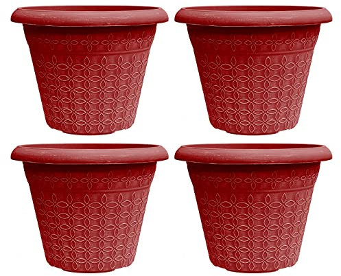 simpa Geometric Petals Plastic Plant Pots - RED, Set of 4 Pots - 25.5cm (H) x 34cm Diameter