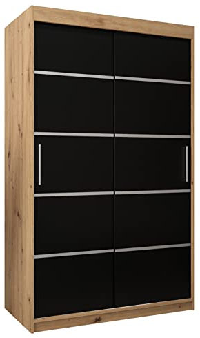 MEBLE KRYSPOL Schwebetürenschrank Verona 1 120 cm Kleiderschrank mit Kleiderstange und Einlegeboden Schlafzimmer- Wohnzimmerschrank Schiebetüren Modern Design (Schubladen: 0, Artisan Eiche + Schwarz)