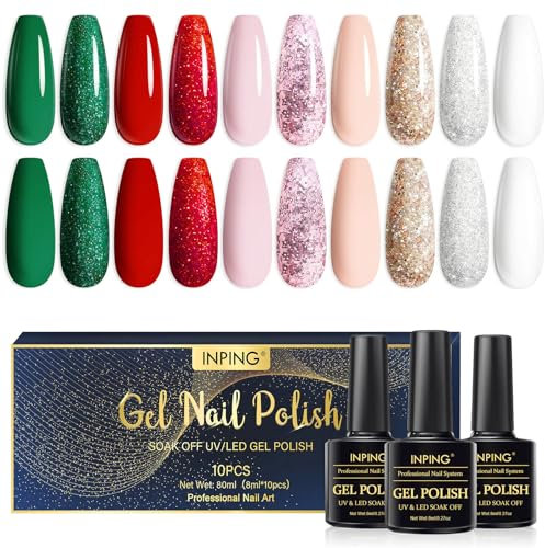 INPING Gel Nail Polishes, 10 Colors Christmas Candy Cane Nail Polish Set, Glitter Green Red Pink Gold Silver Snow White Soak Off UV/LED Great Beauty for Women Nail Art Varnish, 8 ML