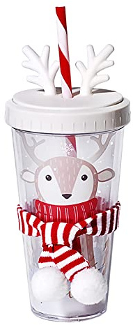 Bicchiere d'acqua con Cannuccia e Coperchio, 420ml Tazza Cannuccia a doppia parete, Bottiglie d'acqua Natalizie Prova Perdite per Bambini, Adulti, Scuola, Ufficio, Ciclismo, Sport, Viaggi (Alce)