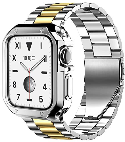 Metallo Cinturino per Cinturino Apple Watch 42mm 44mm 45mm, Cinturini in Acciaio Inossidabile con Custodia Protettiva in Silicone per iWatch Series 8/7/6/5/4/3/SE 42mm 44mm 45mm, Argento Oro