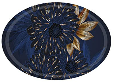 Harfield Small Oval Tea Coffee Tray Navy & Gold Flower Print 28x20cm