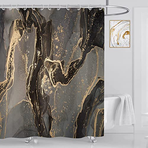 ASDCXZ Marmor Duschvorhang 180x200 cm, Modern Abstrakt Grau Schwarz Gold Marmor Optik Waschbar Bad Duschvorhänge Polyester Textil Wasserdicht Duschvorhang für Badewanne mit 12 Haken