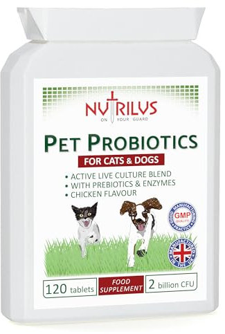 Nutrilus Probiotics For Dogs & Cats - 120 Tablets 2 Billion CFU - For Pets - with Prebiotics & Digestive Enzymes - Chicken Flavour - Gut Bacteria Health - Digestion Support