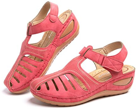 Sandale Femme Compensées Confort Mules Été Et Nu-Pieds Plateforme Plate Chaussures Bout Fermé Sandale Bride Cheville 1 Rouge 35 EU