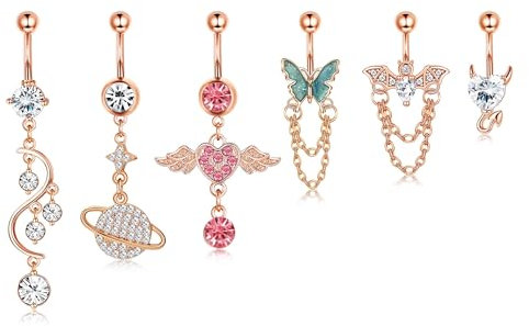 Kakonia 6stk 14G Bauchnabelpiercing für Damen Mädchen Edelstahl Bauchnabelringe Dangly Rosa CZ/Devil Herz/Schmetterling/Bat Chain Bauchnabel Piercings Schmuck Fashion Körper Piercing Schmuck