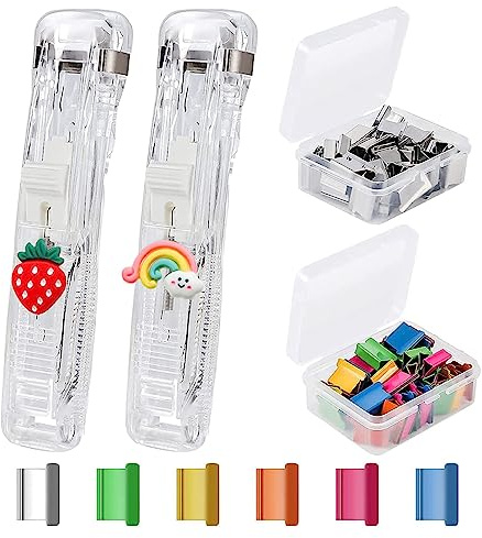 Hsthe Sea 2Pcs Clam Clip Dispensers with 100Pcs Colorful Paper Clam Clips Metal Refill Clips for Fixing Loose Leaf Paper Bookbinding Reports Documents Assignments (Mixed Color)