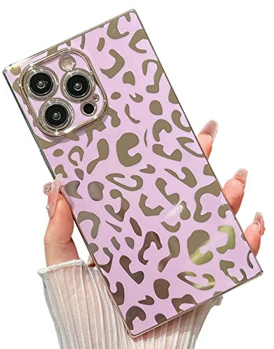 KERZZIL Elegant Compatible with iPhone 13 Pro Max Square Edge Case, Cute Luxury Leopard Pattern Plating Case Camera Protector Soft TPU Shockproof Protective Corner Back Cover(Purple)