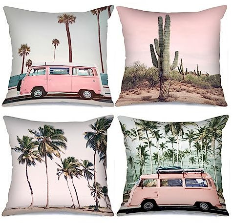 Tucocoo 4 Pcs Palm Tree Pillow Covers Square Pillow Cases 18x18 Inches, Cactus Landscape Pillow Cases Decorative Modern Pink Car Pillowcase for Sofa Bed Couch Car Throw Pillow Covers