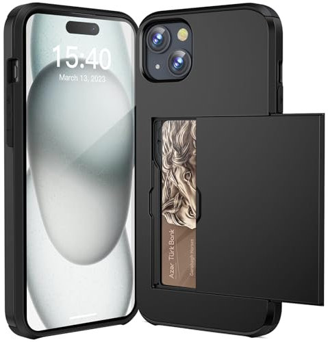 ACOCOBUY for iPhone 15 Plus Case with Card Holder Sliding Cover Hidden Pocket IDs Credit Cards Slot Heavy Duty Shockproof Protective Dual Layer Wallet Phone Cover Back Shell for Men Women 6.7 Black