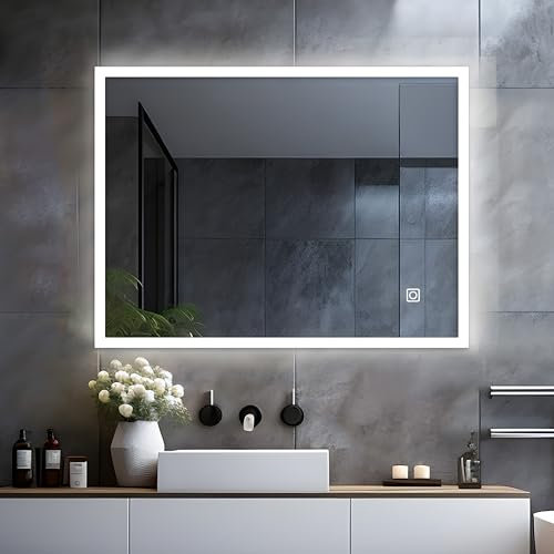 LISA Espejo de baño LED con luz 60 x 50 cm Espejo de baño Grande 500 x 600 mm iluminación con táctil, Espejo de Pared para Regulable, Blanco frío, Inodoro, Rectangular