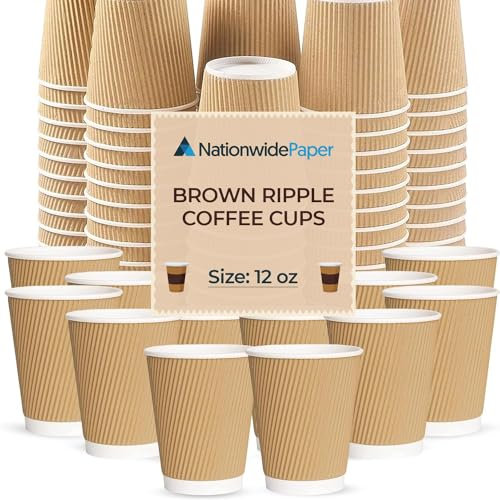 Nationwide Paper 12oz Ripple Coffee Cups Without Lids, Insulated Paper Disposable Coffee Cups, Triple Walled Brown - 50 Cups