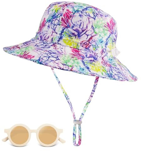 Kinder Sonnenhut mit Sonnenbrille, UV-Schutz UPF 50+ Breiter Krempe Fischerhut Baby mit Verstellbarem Kinnriemen, Atmungsaktiv Bucket Hat für Kleinkinder, =Mädchen - Lila Blumen, M (2-6 Jahre), 54cm