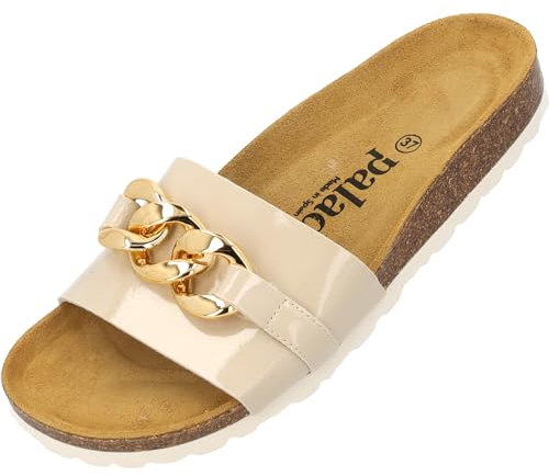 Palado Pantoletten Damen Gozo - bequeme Sandalen Made in Spain - Hausschuhe mit dämpfendem Kork-Fußbett - modische Sommerschuhe Beige Lack UK5,5 - EU38