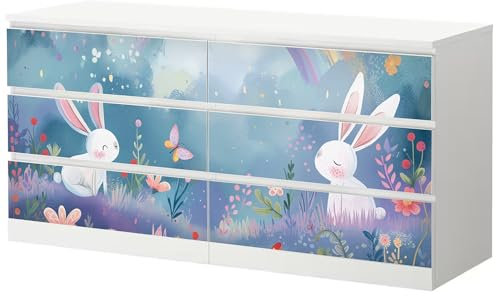 Möbelfolie Hase Regenbogen passend für Ikea Malm Kommode XL 6 Schubladen