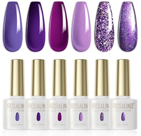 ROSALIND Smalto Semipermante Per Unghie Viola,6 Colori Lilla Scuro Viola Uva Chiaro Glitter Soak-Off UV Smalto Unghie per Novice Nail Art DIY