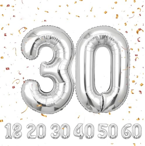 Zahlen luftballon 30 jahre | Silber Folienballon-4030 Geburtstagsdeko -30 Ballon Zahl Deko zum Geburtstag fliegt mit Helium 30.Geburtstag für Männer Frauen 30.Geburtstagsparty Jubiläum