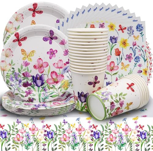 Service de Table de fête - Assiettes en carton - Nappe Avec fleurs - Gobelets en Carton - Serviettes de Table pour Anniversaire, Fête Prénatale, Mariage - Vaisselle de Fête pour 20 Invités