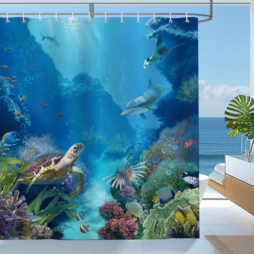 Bonhause Rideau de Douche Monde sous Marin Océan Bleu Tortue Mer Rideau de Bain Tissu Polyester Anti Moisissure Imperméable Lavable Rideaux Salle de Bain 180 x 180 cm avec 12 Crochets pour Baignoire