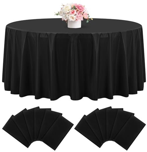 12 Stück Kunststoff-Tischdecken Schwarz, Rund 213cm, Wasserfest, Schmutzabweisend, Tischdecken Kunststoff Einweg für Esstisch, Hochzeit, Empfang, Geburtstag, Party, Buffet, Camping (Schwarz)