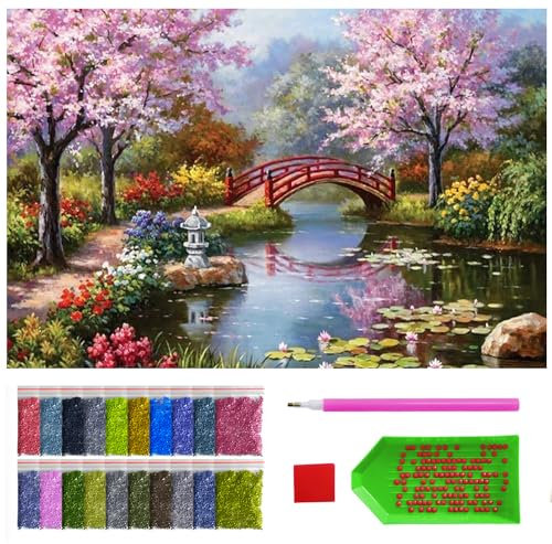 ARTULIO Diamond Painting Set - Brücke in malerischem Garten - 40x60 cm - Groß XXL - 5D Diamant Painting Bilder DIY, Diamond Painting Erwachsene