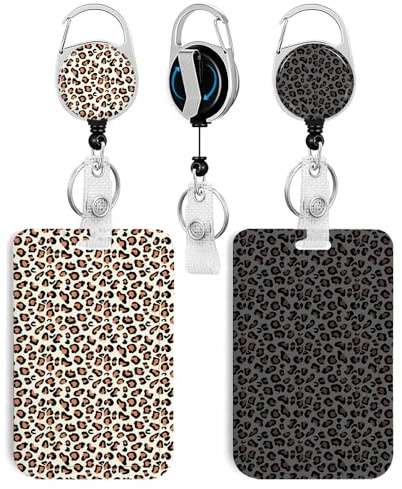 2 Pack Leopard Print ID Badge Holder with Clip Badge Reels Retractable Heavy Duty,Keychain,ID Holder for School Nurse Office