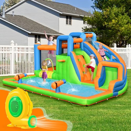 GOPLUS Souffleur Electrique Gonflable, Ventilateur pour Structures Château Gonflable 4 Piquets de Sol, Poignée Pratique, pour Château Gonflable, Toboggans, Parc Aquatique Gonflable (550W)