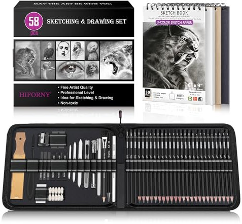 HIFORNY Kit de 58 crayons à dessin avec carnet de croquis 3 couleurs, graphite, fusain, outils de mélange, crayons à dessin pour artistes adultes