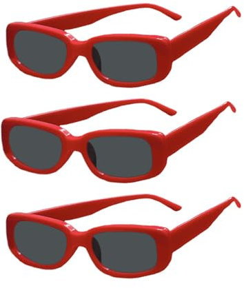 3 Pack Red Rectangle Sunglasses for Women and Men - Retro Square 90s Fashion Glasses UV400 Protection