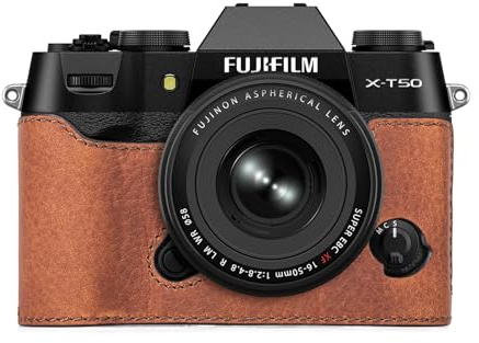 MUZIRI KINOKOO Echtes Leder Tasche für Fujifilm X-T50/XT50 Kamera - Braun | Halb Schutzhülle Passend für Fuji XT50 mit Öffnungsboden und Handgriff-Design, Kann Tripod anschließen
