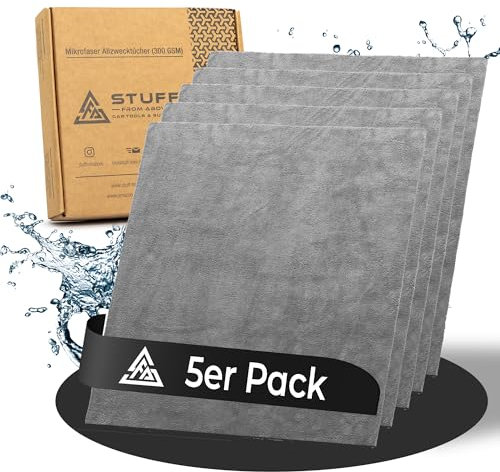 stuff from above® 5 Stück Premium Mikrofasertücher für Auto 300GSM (ohne Rand) 100% Fusselfrei, saugstark, weich - Mikrofasertuch für Autolack & Cockpit zum Polieren, Trocknen & Reinigen 40x40cm grau