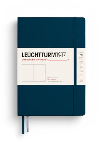 LEUCHTTURM1917 Notizbuch Medium A5, Hardcover, 251 nummerierte Seiten | blanko, Deep Sea, Fadenheftung, 80 g/m² chamoisfarben, 2 Lesezeichen, Falttasche