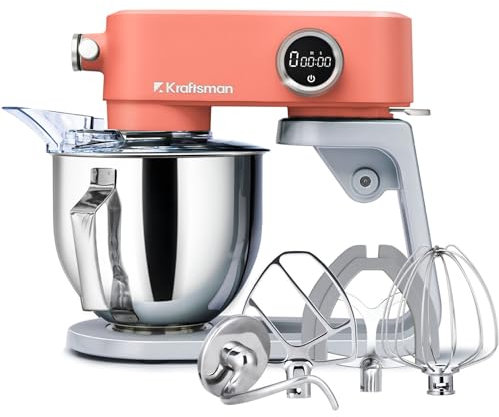 Kraftsman Robot de cocina, amasadora para masa de pan, carcasa de metal, 8 niveles con temporizador, cuenco de 5 L, 4 cabezales de acero inoxidable (Naranja)