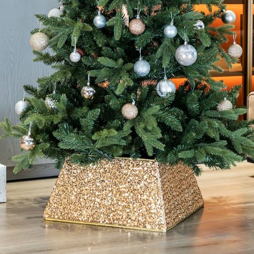 Dazzling Sequin Square Christmas Tree Skirt | Folding Base Cover | Luxurious Sparkling Tree Collar for Holiday Home Décor | Reusable Indoor Xmas Decoration