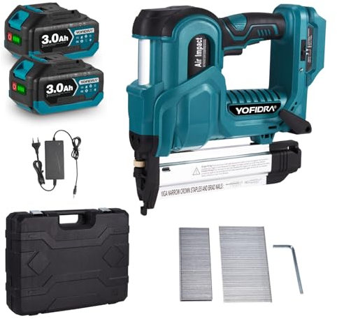Yofidra Pistolet Agrafeuse à Batterie - Agrafeuse & Cloueur 2 en 1 avec 200 Clous & 200 Agrafes, 2x3,0Ah Batteries, Éclairage LED, 2 Modes, pour l'Assemblage de Meubles et les Travaux Manuels en Bois