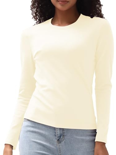 Cotton Long Sleeve Tee Shirts for Women Slim Fit Tshirts Basic Tops Tight Crewneck Layering Undershirts, Beige, M