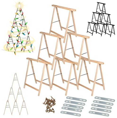 MODO24 Holzbock Sägebock 6er-Set DIY Tannenbaum 215x130x73 cm Natur | Arbeitsbock & Klappbock Set mit Montageteilen. Tapezierbock, Montagebock & Unterstellbock für DIY Weihnachtsbaum Deko