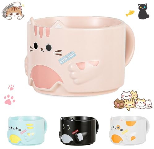 Linda Taza de Gato, Divertidas Tazas Taza de Café 300 ml, Taza de Cerámica Divertida Taza de Regalo de Gatos Tazas, Tazas Apilables, Vasos para Leche, Café, Jugo (Rosa)