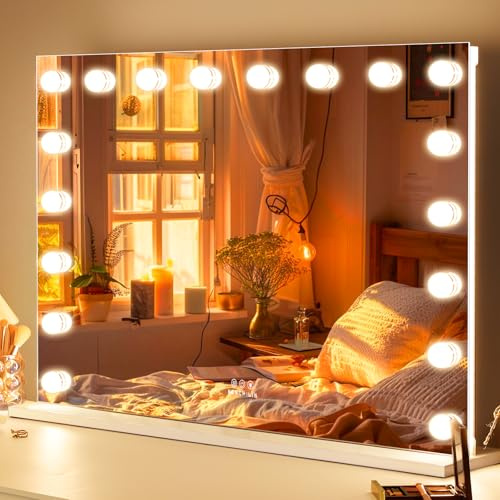FENCHILIN Hollywood-Spiegel mit Beleuchtung, 18 LEDs, Schminkspiegel mit Beleuchtung, 3 Beleuchtungsmodi mit 3 Farb-Hintergrundbeleuchtung, bruchsicher, für Schminktisch, 80 x 60 cm