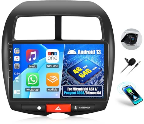 OiLiehu 4+64GB Android 13 2 DIN CarPlay Android Auto Radio para Mitsubishi ASX 1/Peugeot 4008/Citroën C4 Pantalla 10,1 Pulgadas Bluetooth FM/RDS GPS WiFi SWC Camara Marcha Atras
